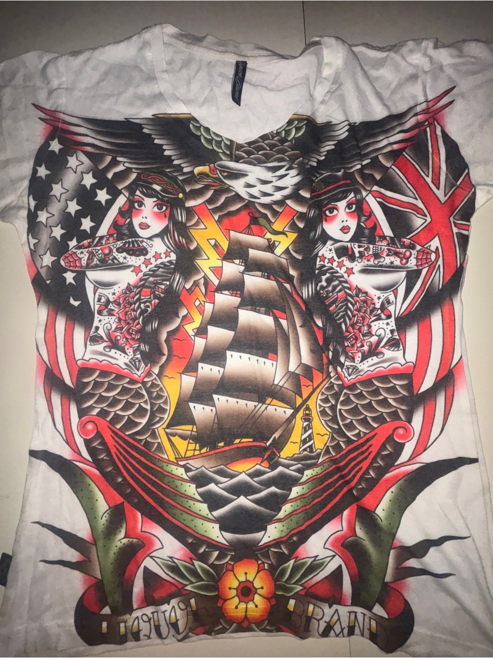 Liquor Brand Women's White Graphic Sailboat Mermaids Tattoo-Style Tee Medium